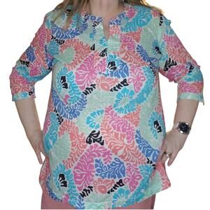 Talbots Woman 1X Coral Reef Print Cotton Tunic Coastal Resort Maximalist Top